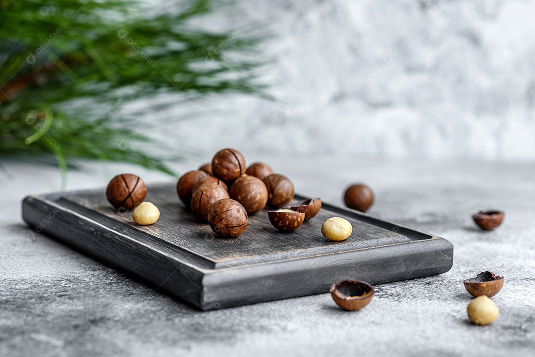 Vários tipos de nozes contra o fundo de ramos de abeto numa tábua de madeira sobre um fundo de concreto claro