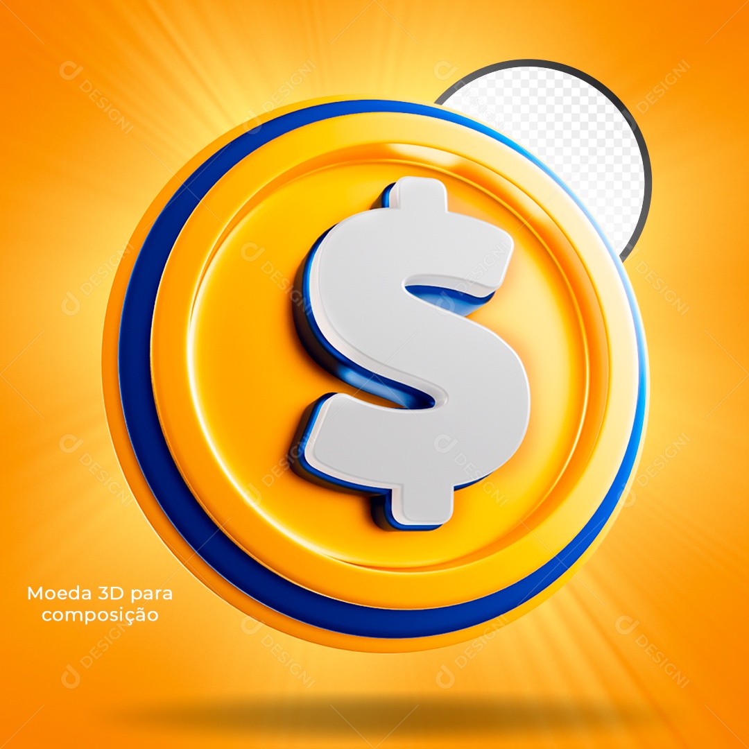 Elemento 3D Moeda Dourada e Azul Cifrão Para Composição PSD