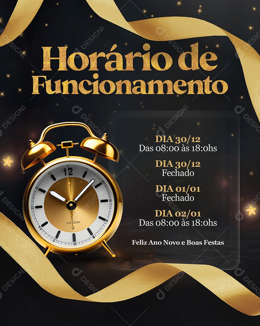 Horário de Funcionamento Feliz Ano Novo Social Media PSD Editável