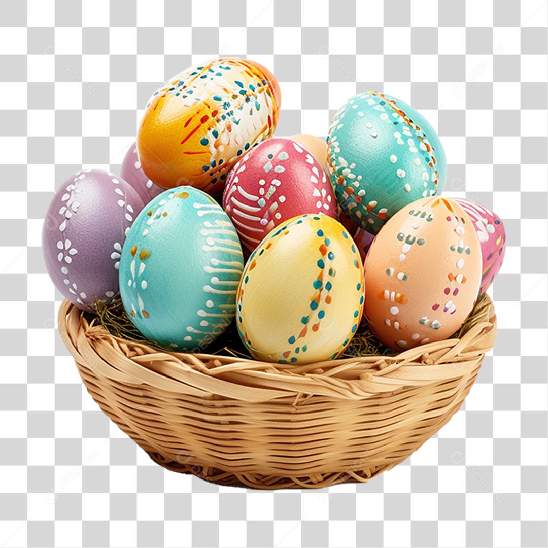 Cesta de Ovos da Páscoa Coloridos PNG Transparente