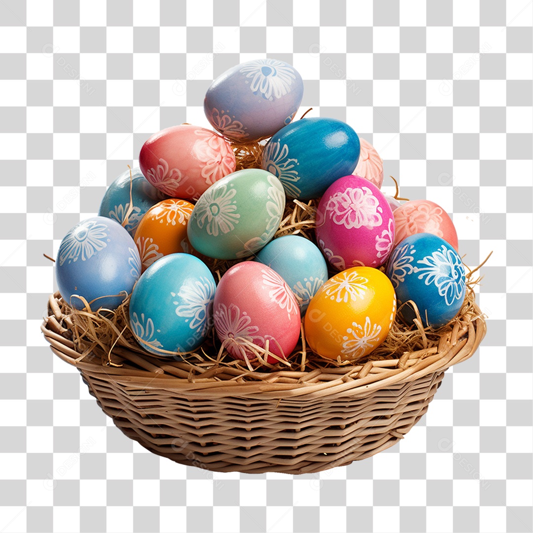 Cesta de Ovos da Páscoa Coloridos PNG Transparente