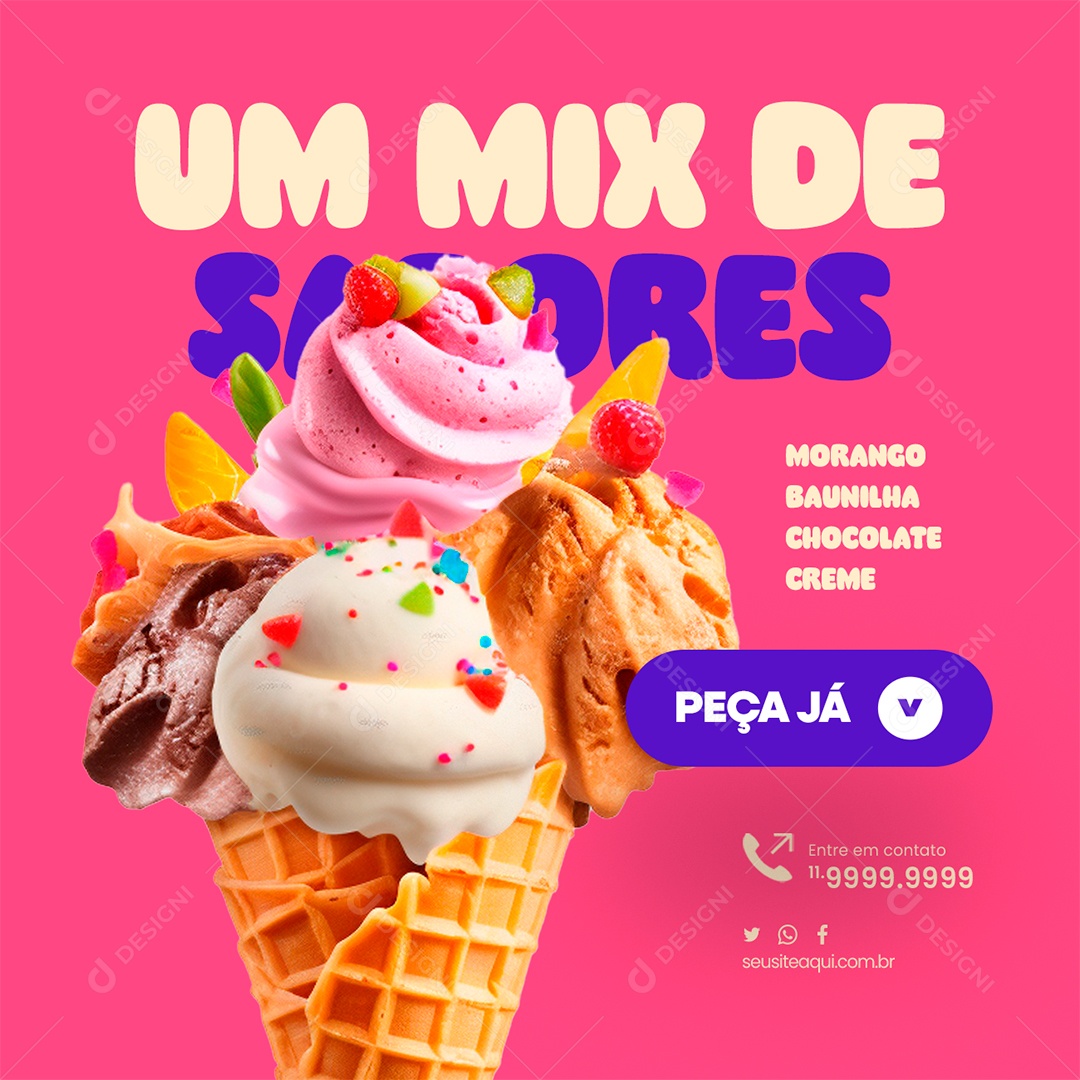 Sorveteria Sorvete de Casquinha Um Mix De Sabores Morango Baunilha Chocolate Creme Peça Já Social Media PSD Edit[aveç