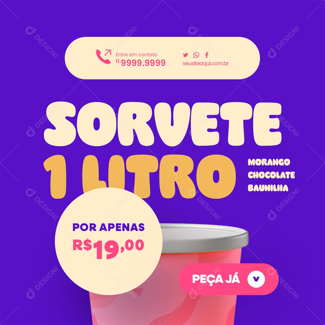 Sorveteria Sorvete  Litro Morango Chocolate Baunilha Social Media PSD Editável