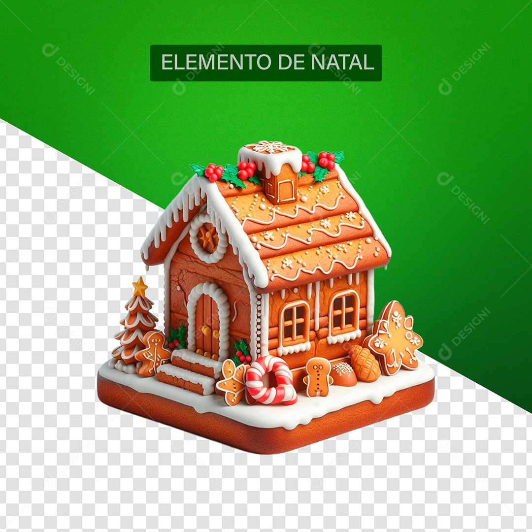 Casinha de Biscoito com Enfeites de Natal Elemento 3D para Composição PSD
