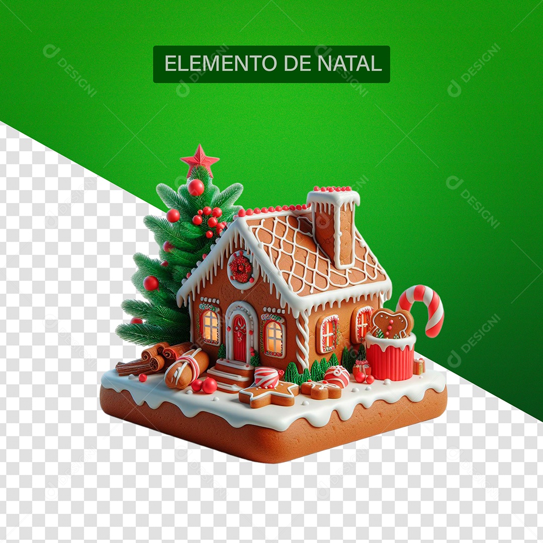 Casinha de Biscoito com Enfeites e Árvore de Natal Elemento 3D para Composição PSD
