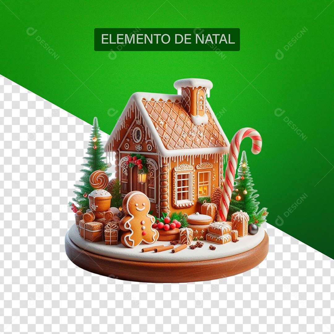 Casinha de Biscoito com Enfeites de Natal Elemento 3D para Composição PSD