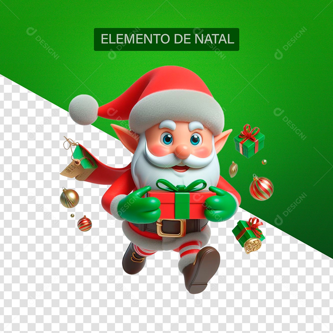 Papai Noel com Presentes e Bolas de Enfeite Elemento 3D para Composição PSD