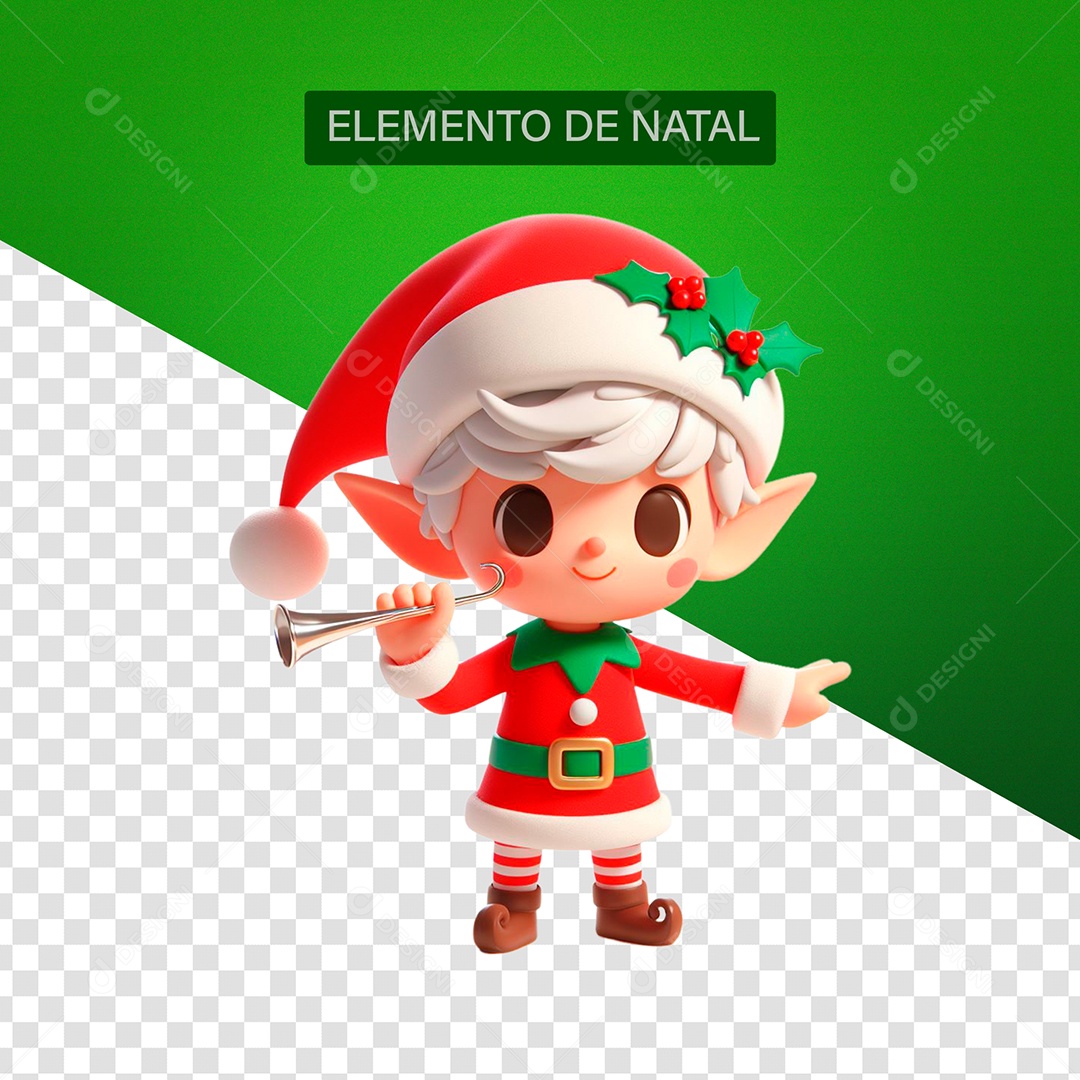 Duende de Natal Elemento 3D Vermelho Verde Branco para Composição PSD