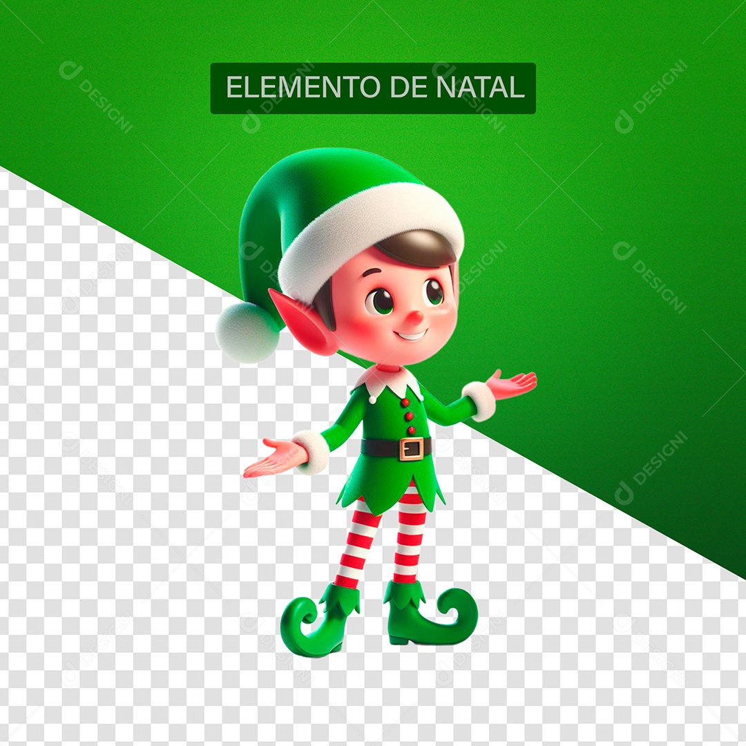Duende de Natal Elemento 3D Verde Branco Vermelho para Composição PSD