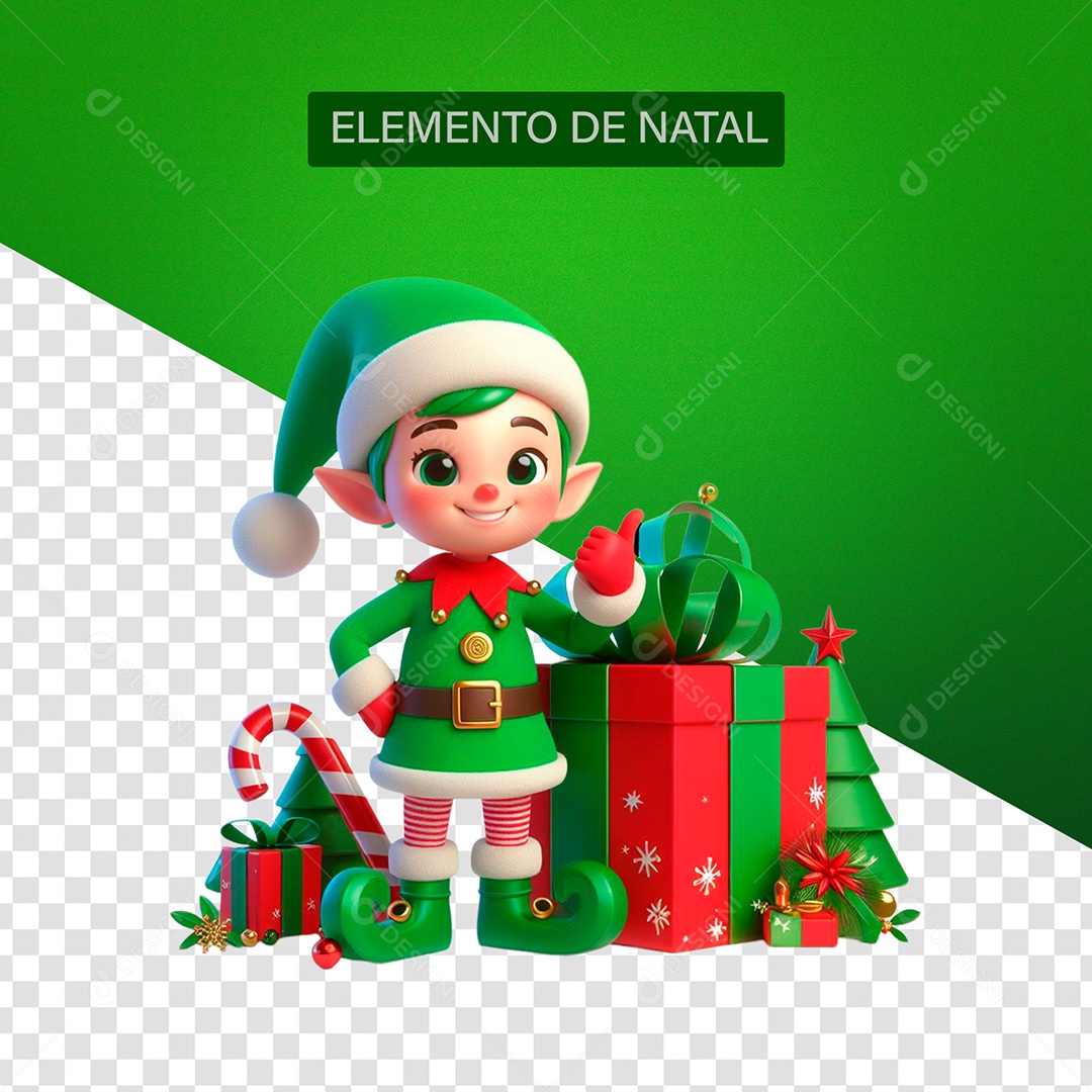 Duende de Natal Presente Elemento 3D Verde Branco Vermelho para Composição PSD