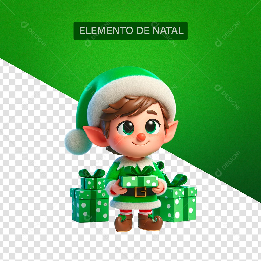 Duende de Natal com Presentes Elemento 3D Verde Branco para Composição PSD