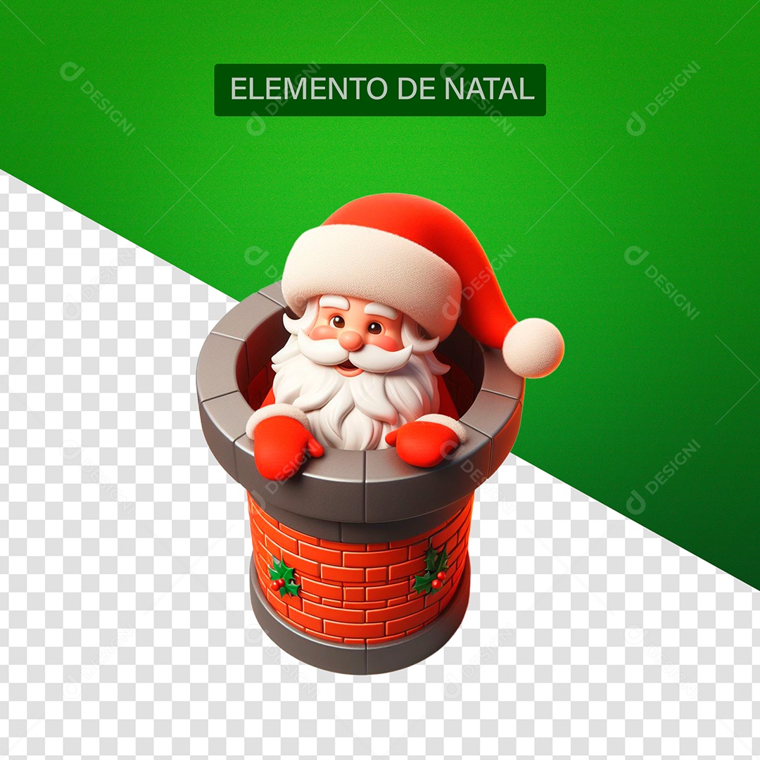 Papai Noel Saindo da Chaminé Elemento 3D Vermelho Cinza para Composição PSD Editável