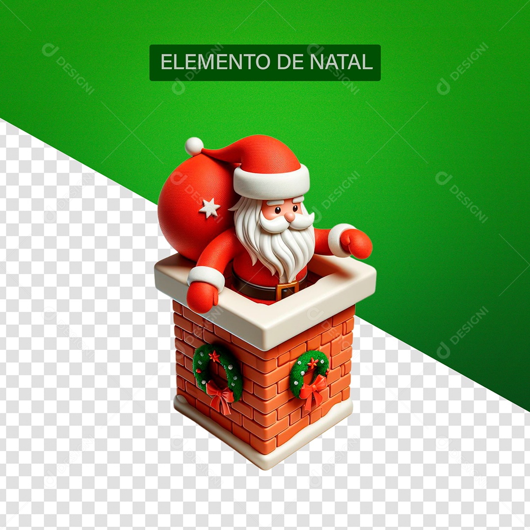 Papai Noel Saindo da Chaminé e Saco de Presentes Elemento 3D para Composição PSD