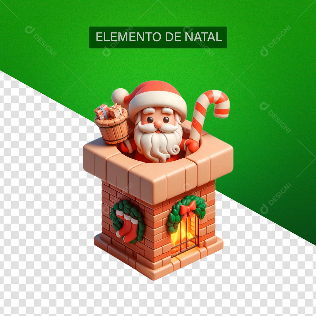 Papai Noel Saindo da Chaminé Presente Bastão Doce Elemento 3D para Composição PSD Editável