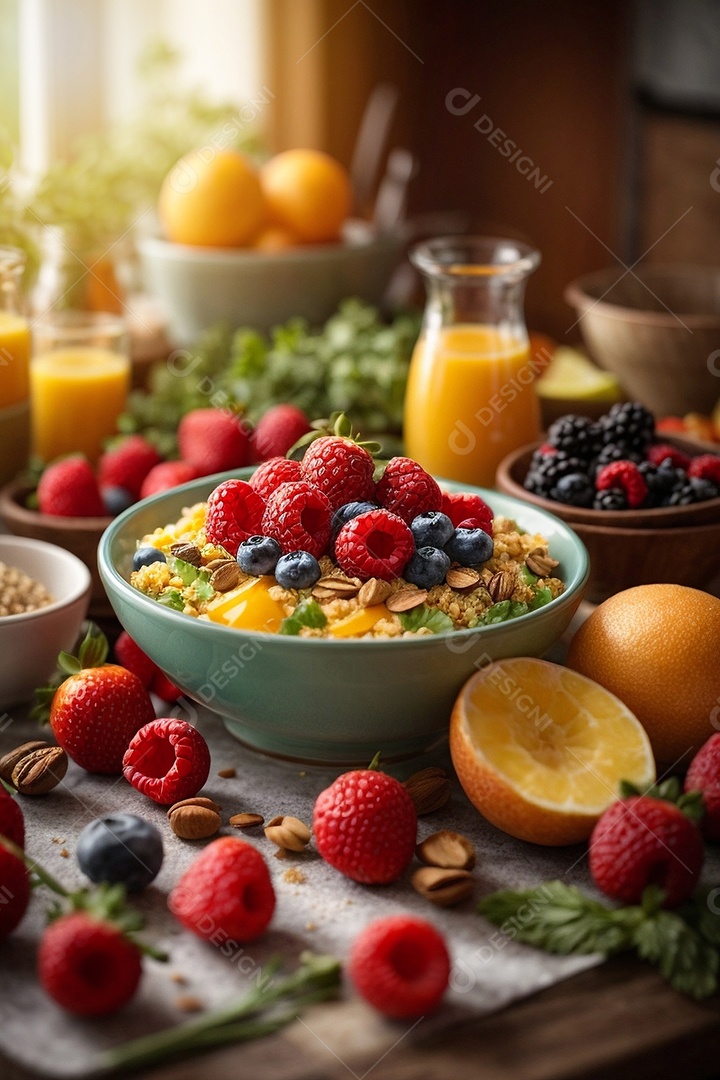 Café da manhã vegetariano saudável à mesa com ovos frutas vegetais e grãos