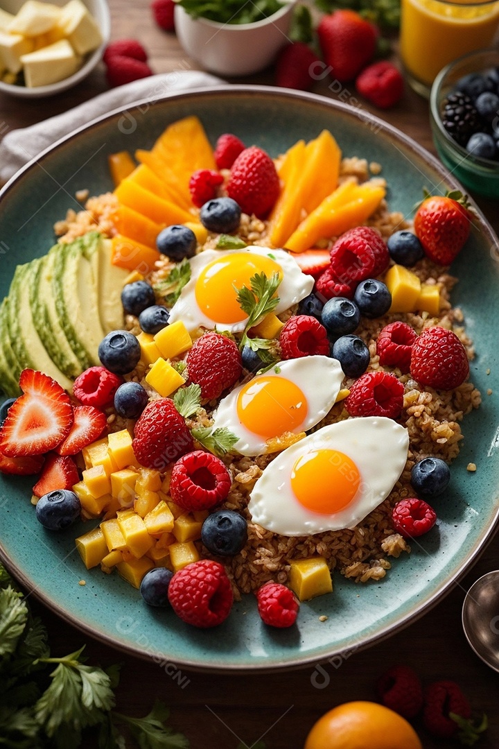 Café da manhã vegetariano saudável à mesa com ovos frutas vegetais e grãos
