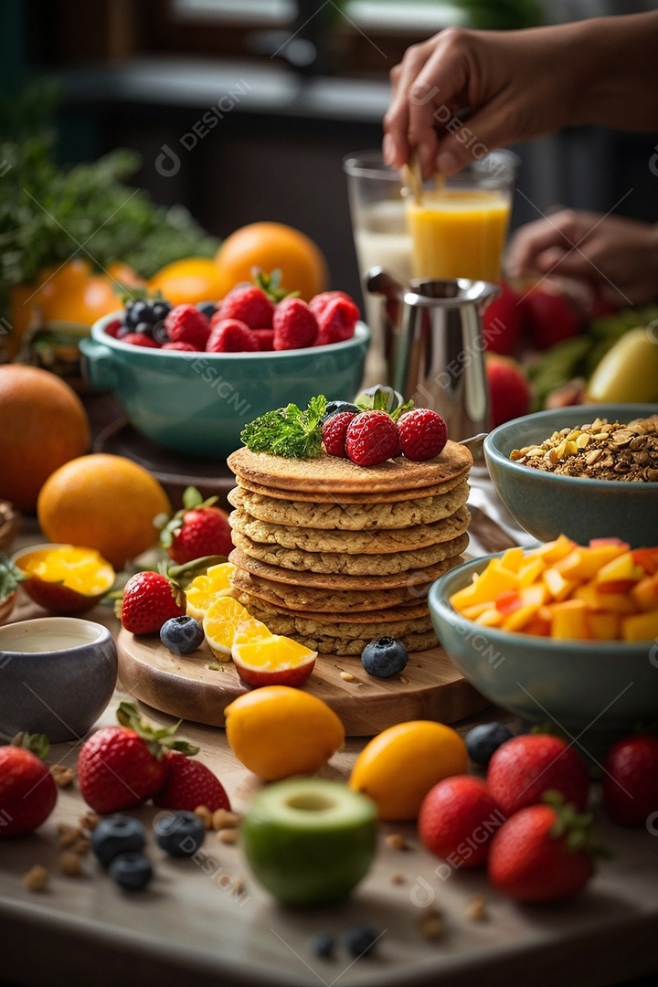 Café da manhã vegetariano saudável à mesa com frutas vegetais e grãos