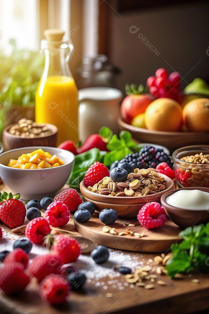 Café da manhã vegetariano saudável à mesa com frutas vegetais e grãos