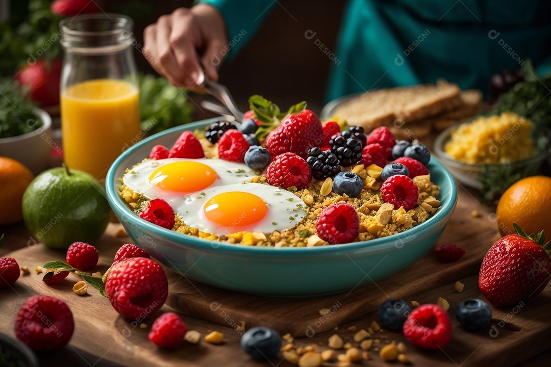 Café da manhã vegetariano saudável à mesa com ovos frutas vegetais e grãos