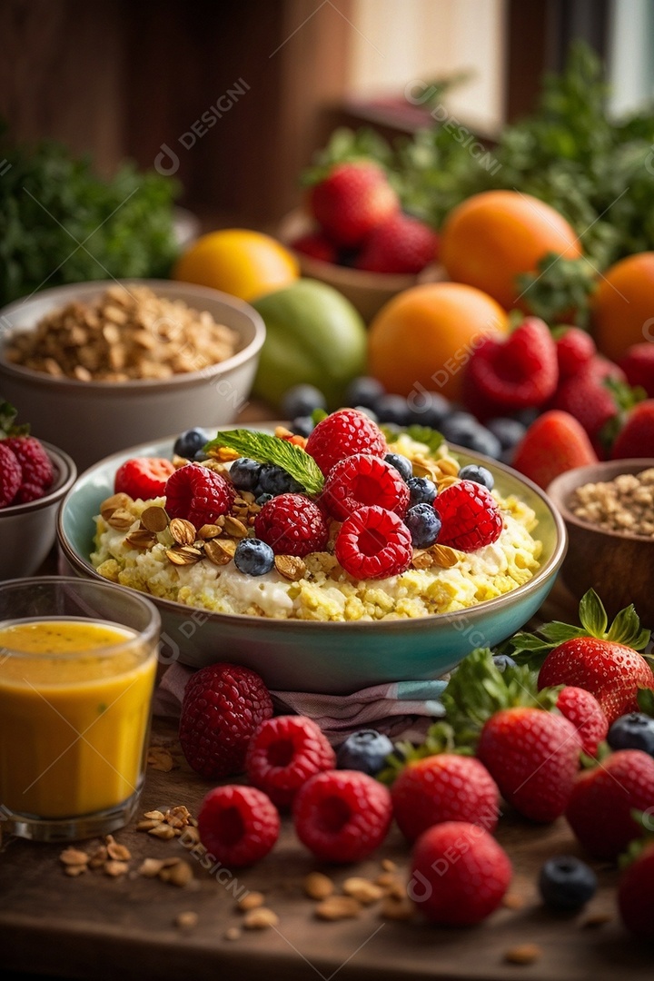 Café da manhã vegetariano saudável à mesa com frutas vegetais e grãos