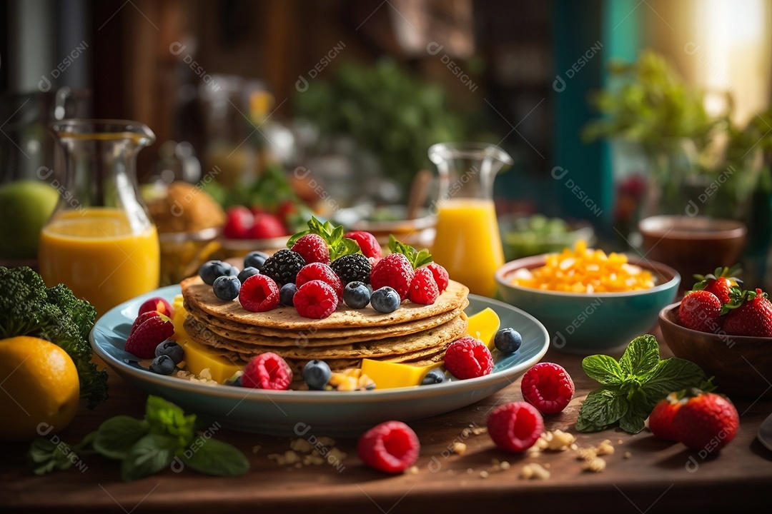 Café da manhã vegetariano saudável à mesa com ovos frutas vegetais e grãos