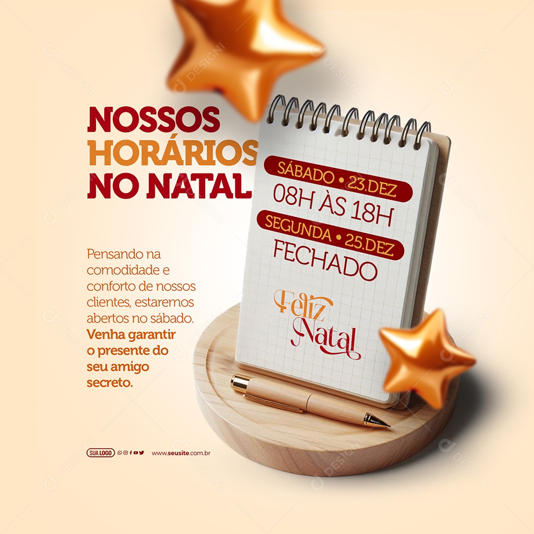 Feliz Natal Nossos Horários Venha Garantir o Presente do seu Amigo Secreto Social Media PSD Editável