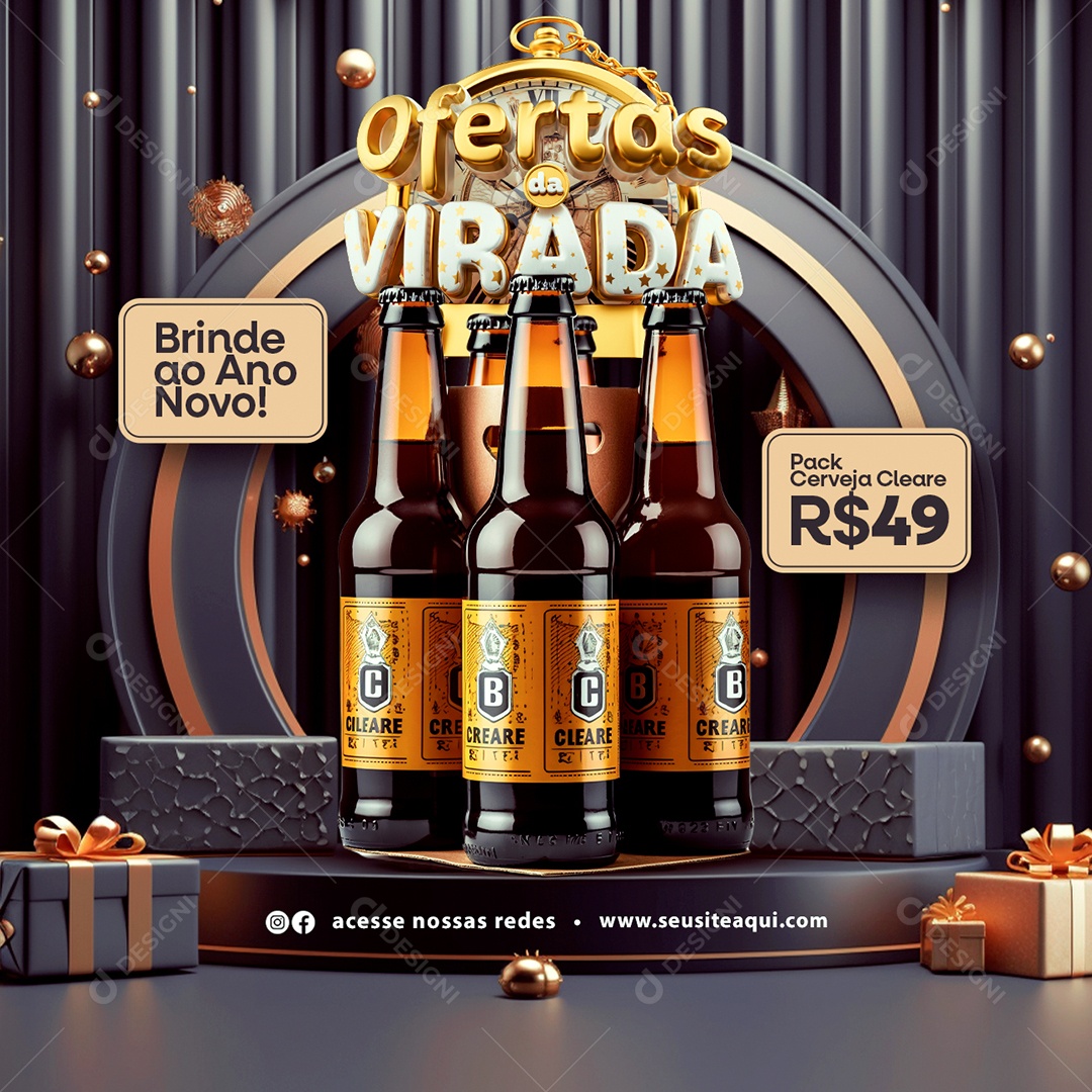 Cervejaria Ofertas da Virada Brinde ao Ano Novo Pack Cerveja Cleare Social Media PSD Editável