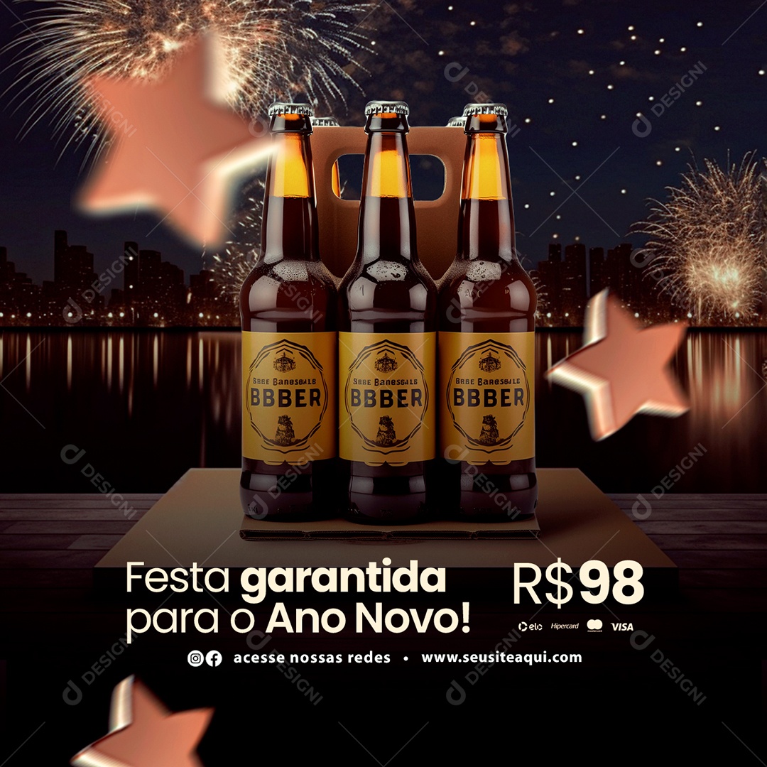 Cervejaria Festa Garantia para o Ano Novo Cerveja Bbber Social Media PSD Editável