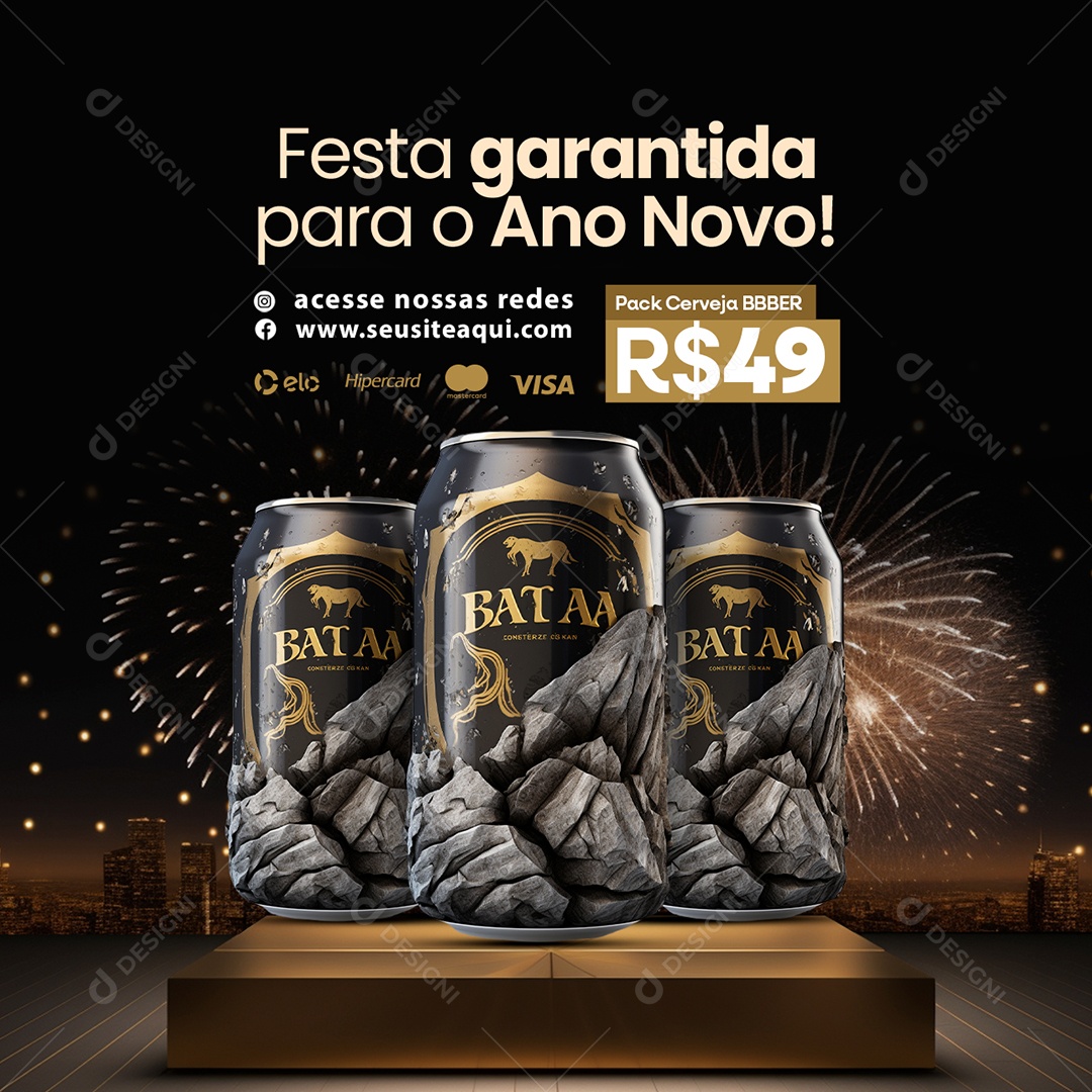 Cervejaria Festa Garantia para o Ano Novo Cerveja Bataa Social Media PSD Editável