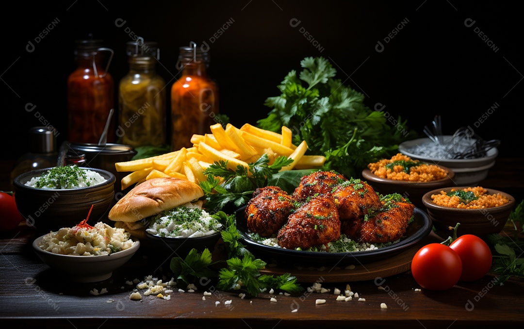 Um Banquete de criações culinárias cativante sobre fundo isolado