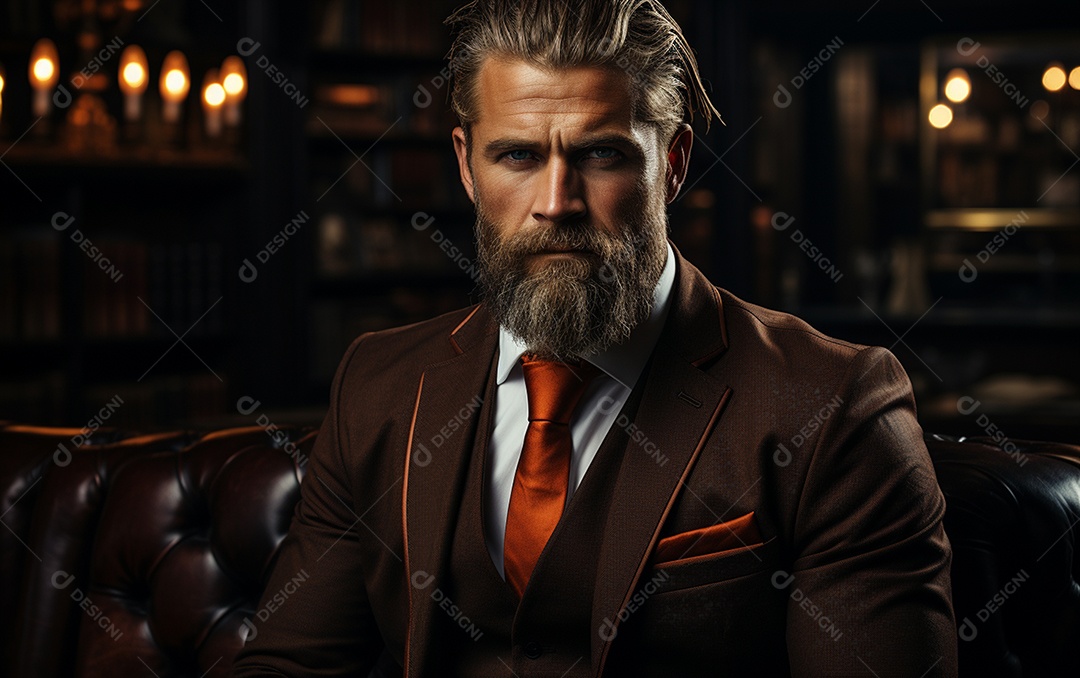 Um homem de negócios barbudo em um escritório vestindo um terno sob medida