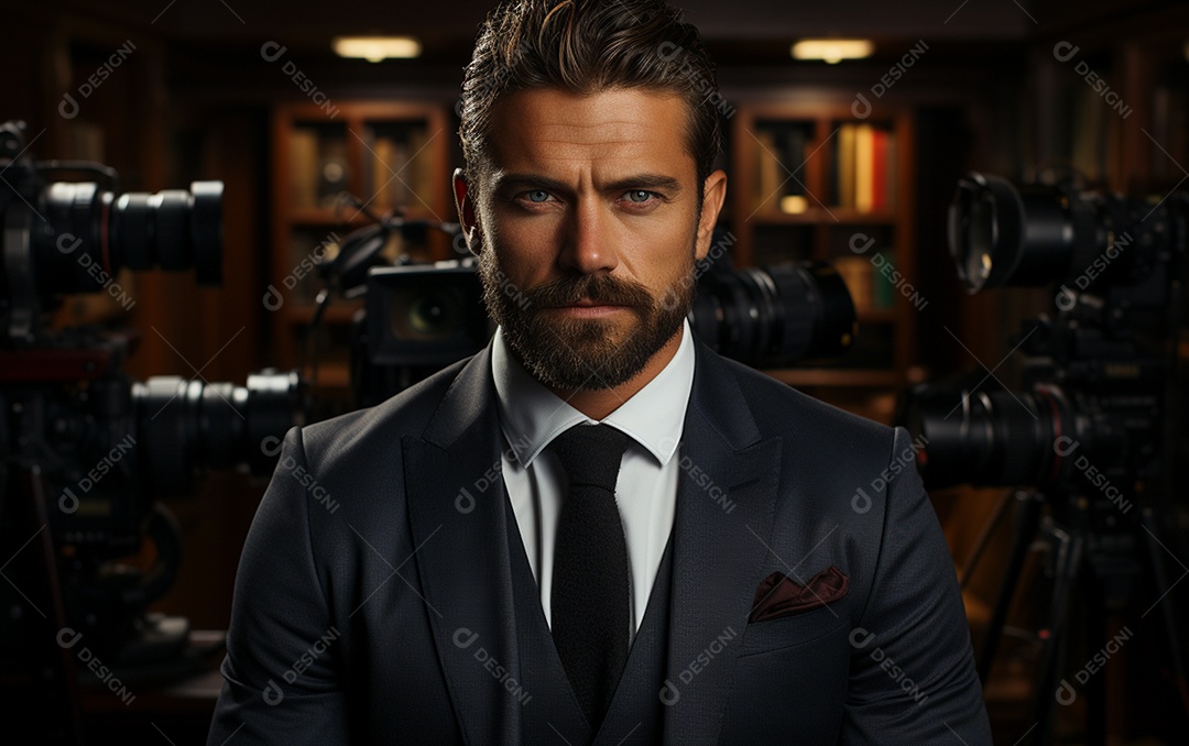 Um homem de negócios barbudo em um escritório vestindo um terno sob medida