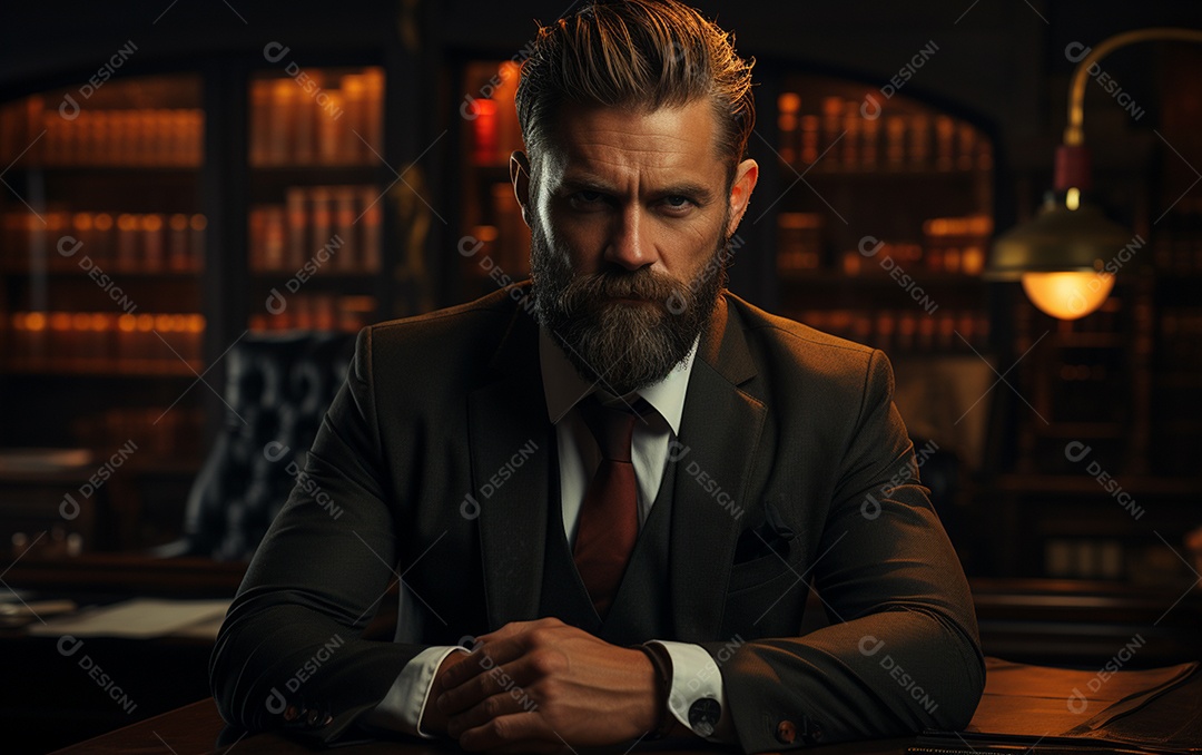 Um homem de negócios barbudo em um escritório vestindo um terno sob medida