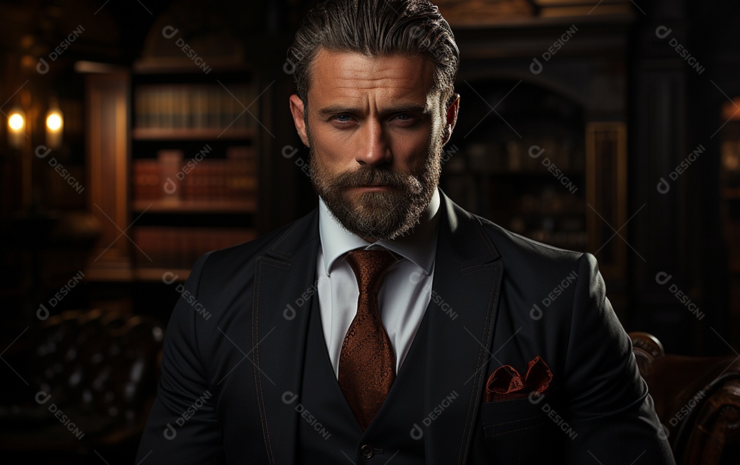 Um homem de negócios barbudo em um escritório vestindo um terno sob medida