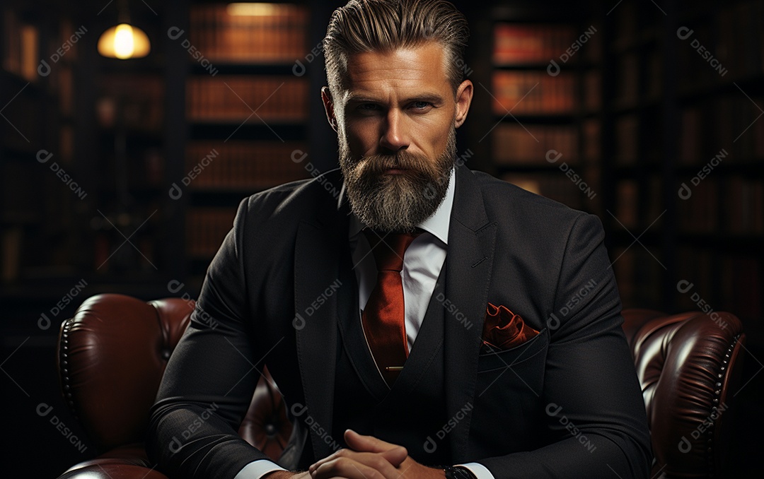 Um homem de negócios barbudo em um escritório vestindo um terno sob medida