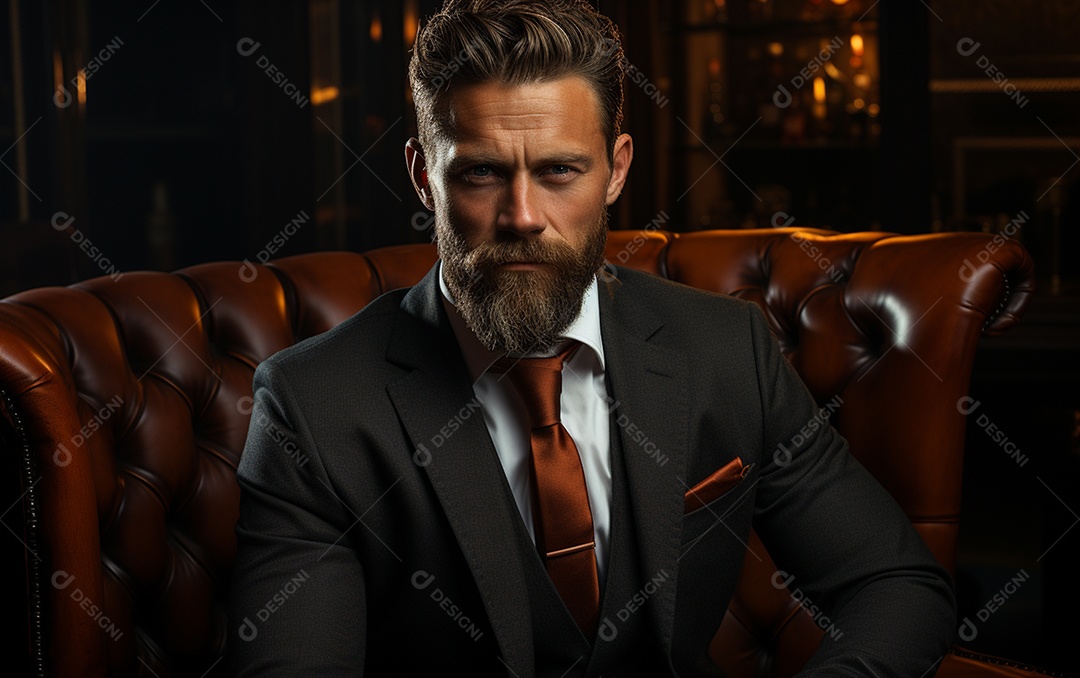 Um homem de negócios barbudo em um escritório vestindo um terno sob medida