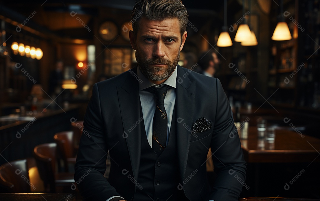 Um homem de negócios barbudo em um escritório vestindo um terno sob medida