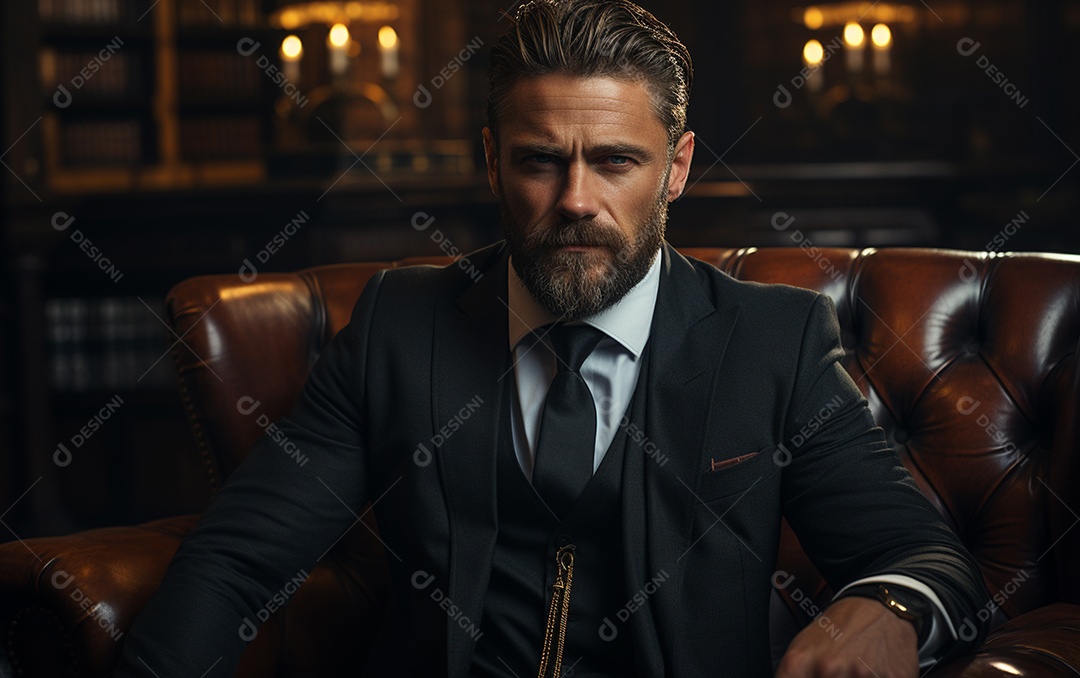 Um homem de negócios barbudo em um escritório vestindo um terno sob medida