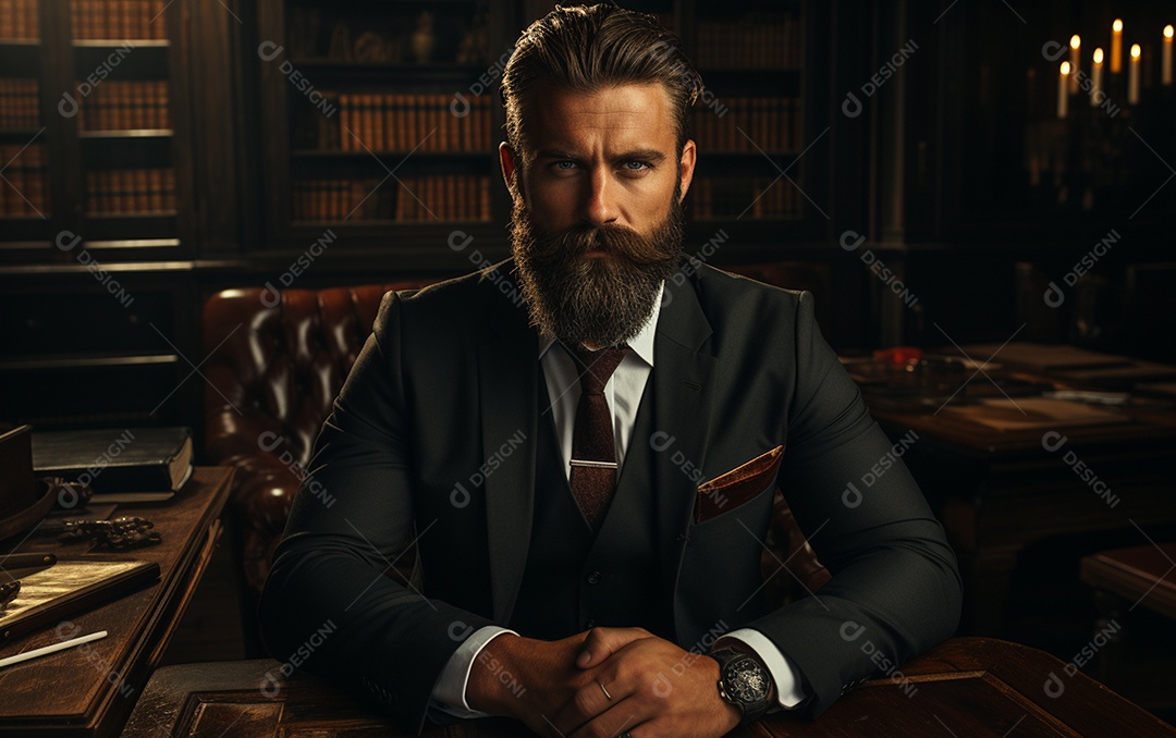Um homem de negócios barbudo em um escritório vestindo um terno sob medida