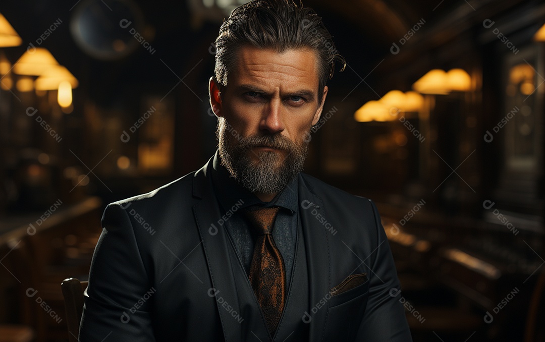 Um homem de negócios barbudo em um escritório vestindo um terno sob medida