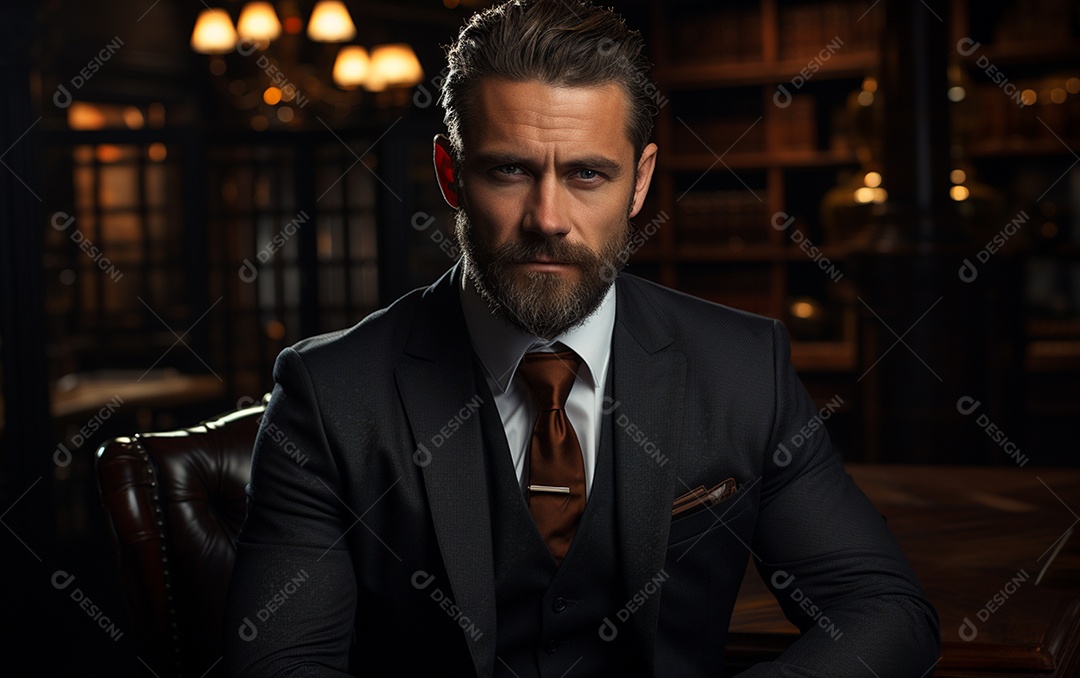 Um homem de negócios barbudo em um escritório vestindo um terno sob medida