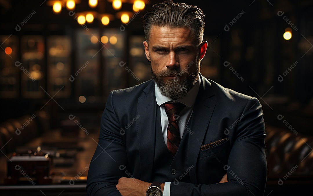 Um homem de negócios barbudo em um escritório vestindo um terno sob medida