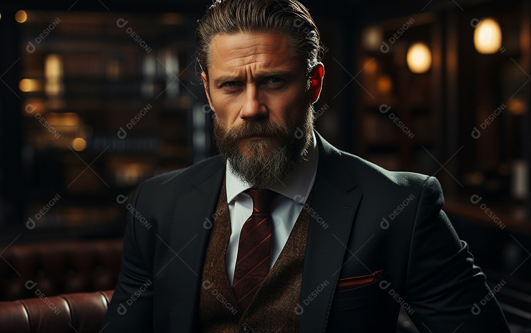 Um homem de negócios barbudo em um escritório vestindo um terno sob medida