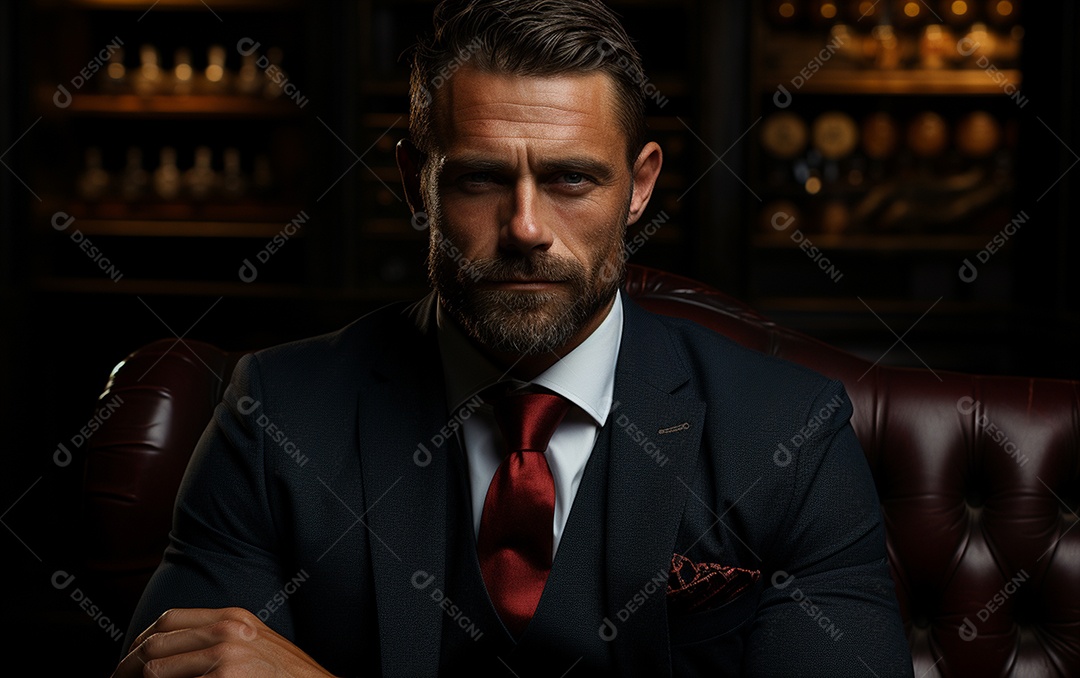 Um homem de negócios barbudo em um escritório vestindo um terno sob medida