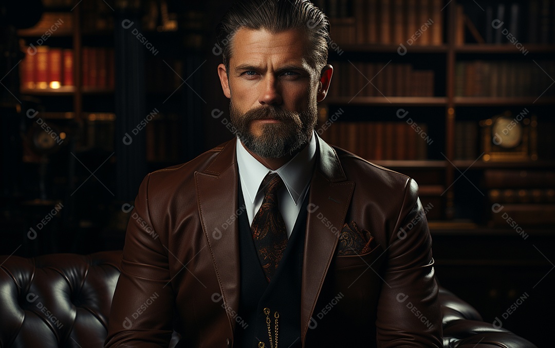 Um homem de negócios barbudo em um escritório vestindo um terno sob medida