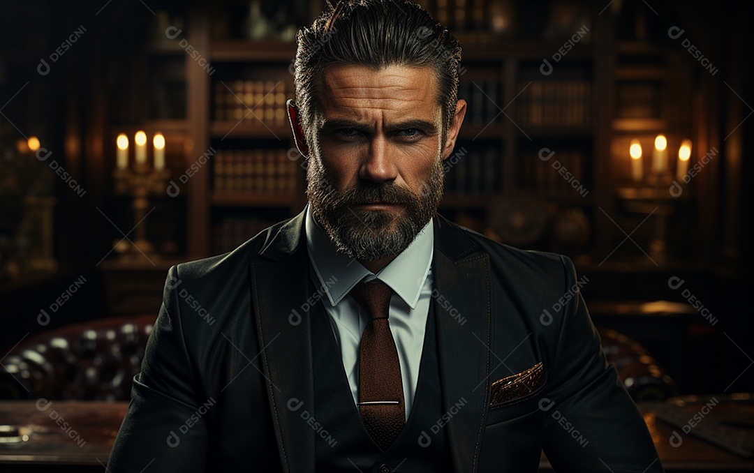 Um homem de negócios barbudo em um escritório vestindo um terno sob medida