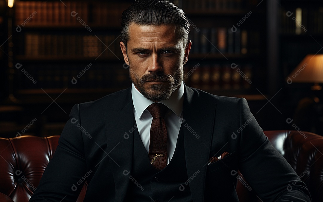 Um homem de negócios barbudo em um escritório vestindo um terno sob medida