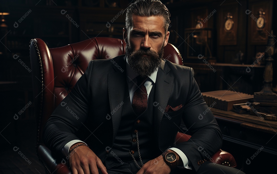 Um homem de negócios barbudo em um escritório vestindo um terno sob medida