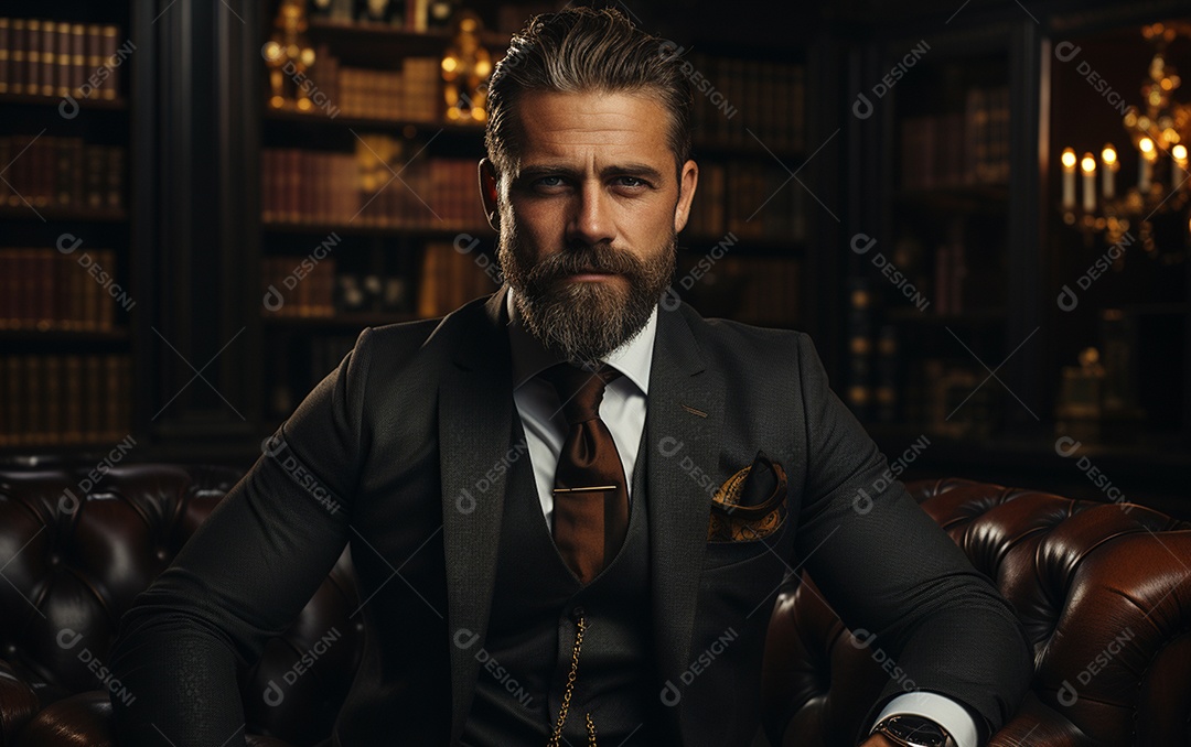 Um homem de negócios barbudo em um escritório vestindo um terno sob medida