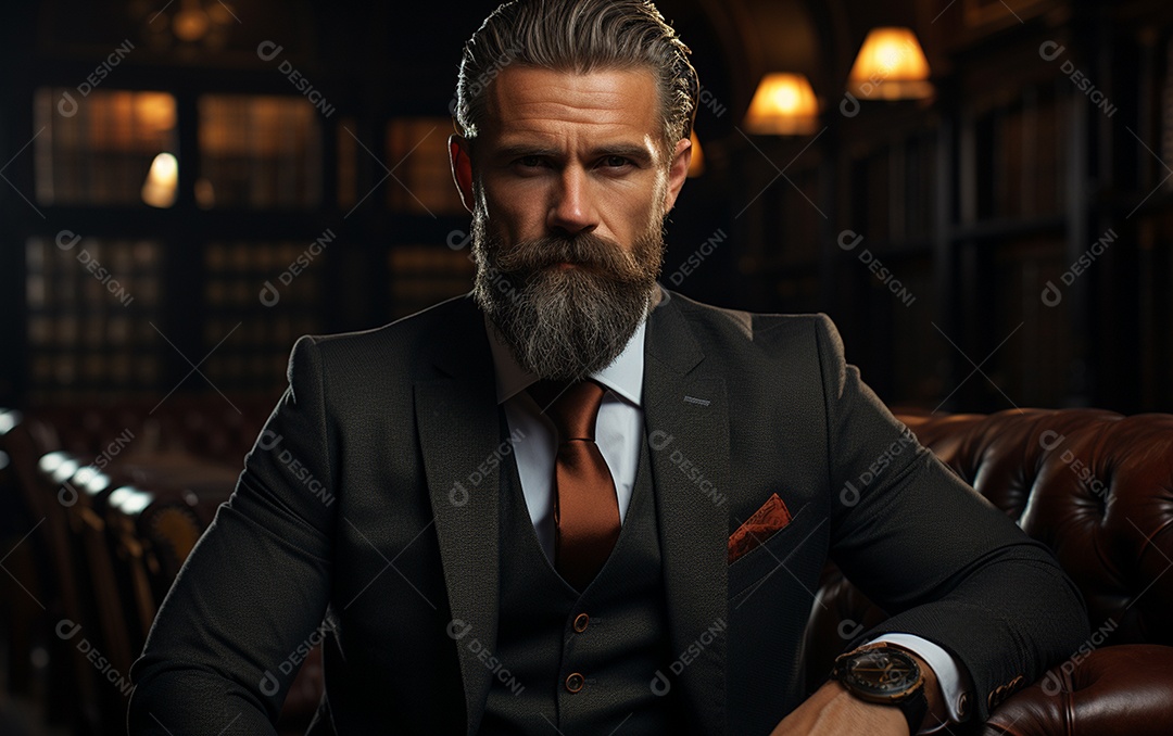 Um homem de negócios barbudo em um escritório vestindo um terno sob medida